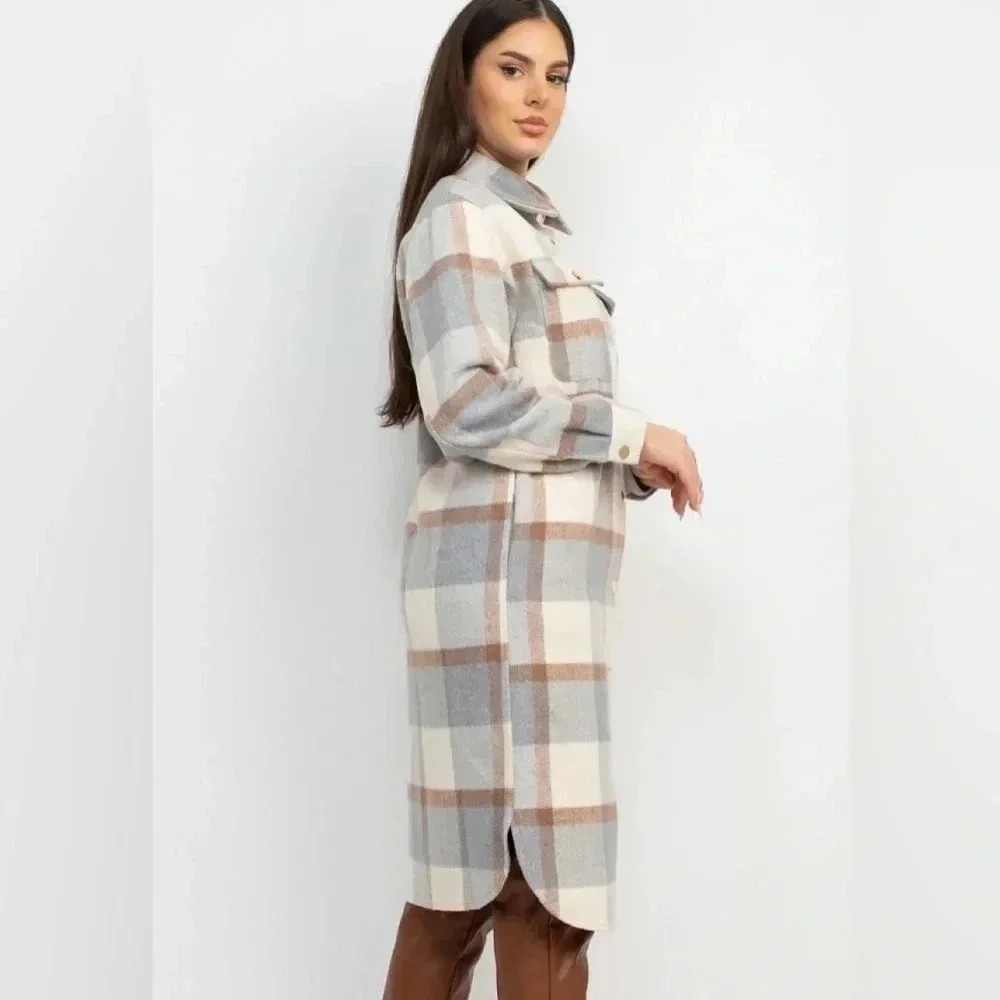 Cream & Gravy Plaid Knee Length Shacket Coat - Picture 3 of 4